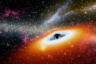 Artist's conception illustrates one of the most primitive supermassive black holes known at the core of a young, star-rich galaxy.